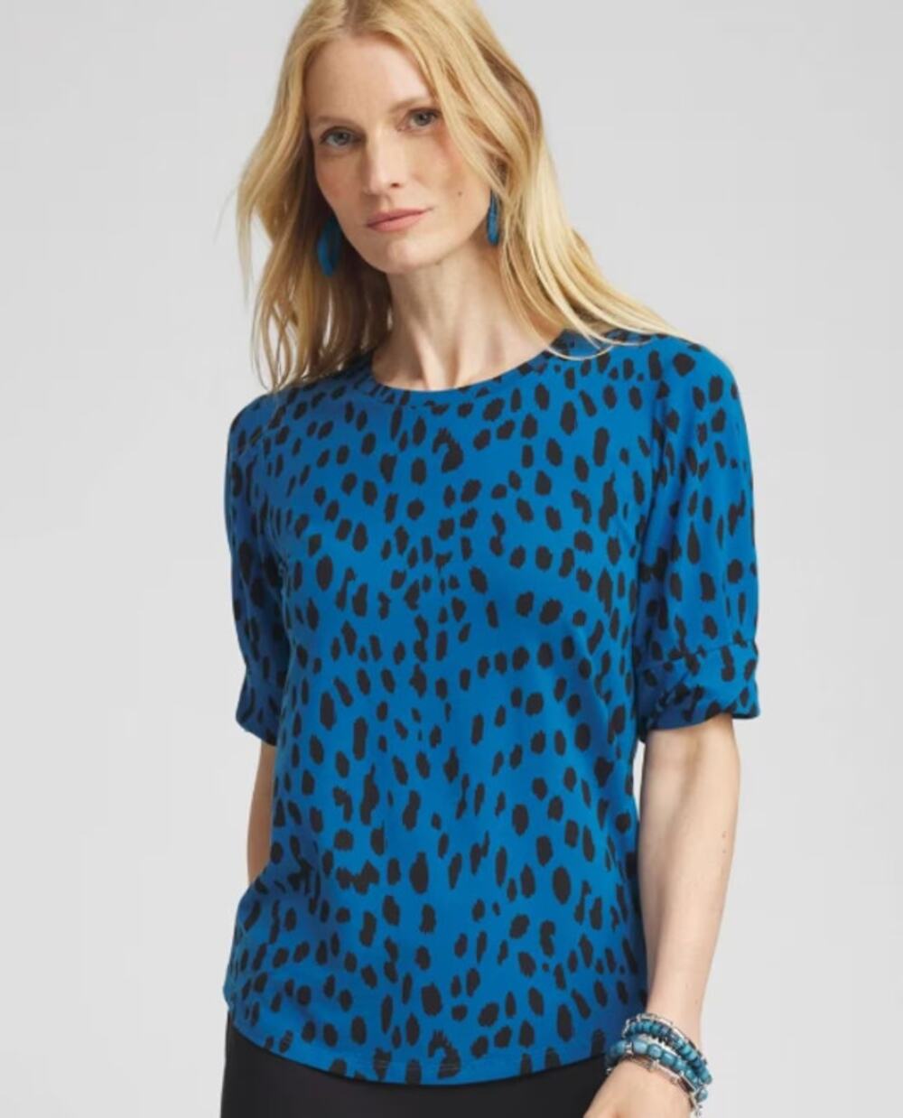 Chico's Blue Animal Print Puff Sleeve Blouse Cotton Blend Women size 1 / Medium